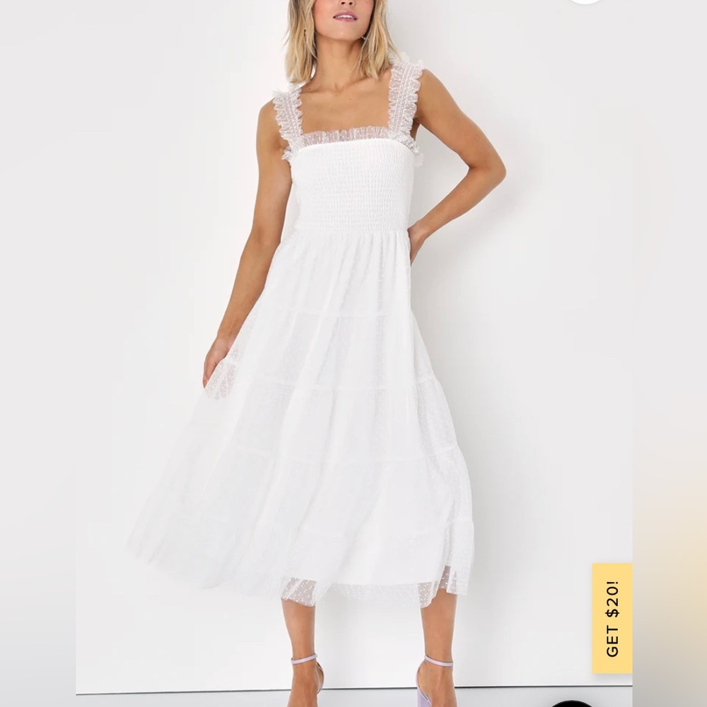 Darling Dancer White Swiss Dot Ruffled Tiered Midi Dress
